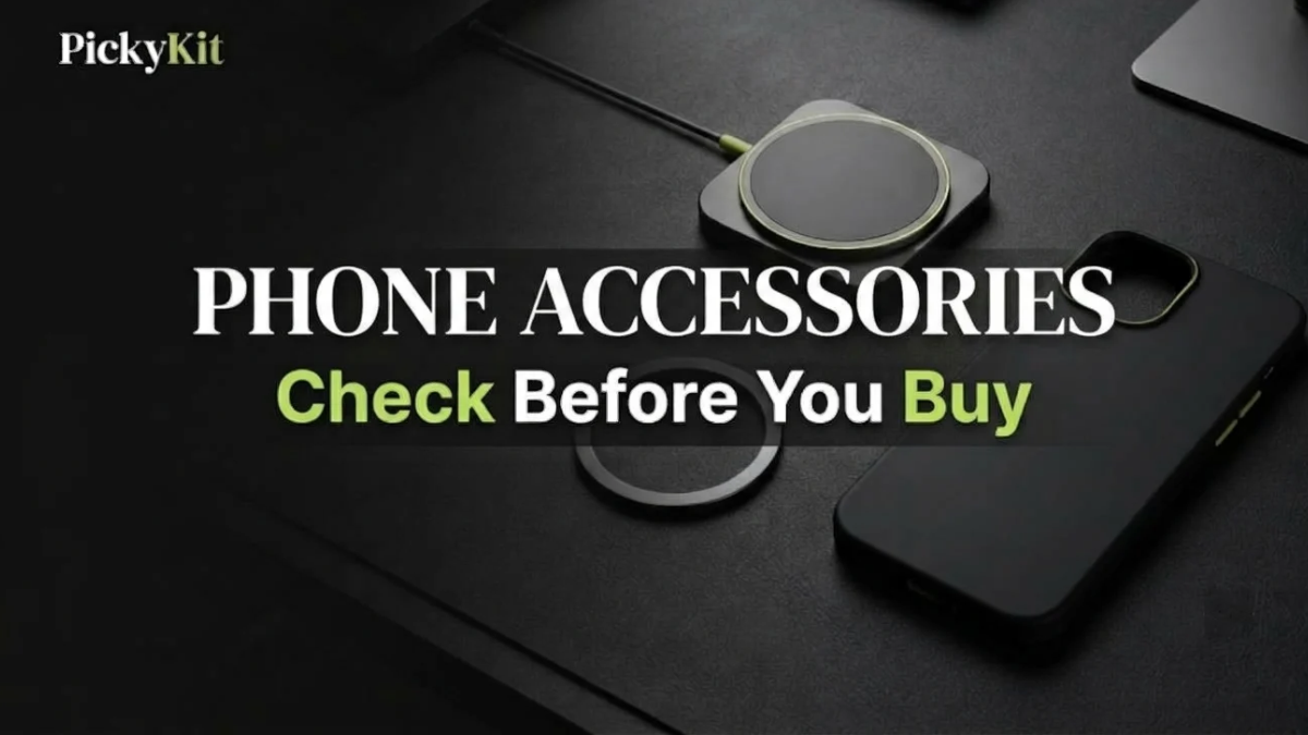 Wireless charging pad and black phone case on a dark desk with a magnetic ring